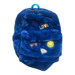 Blue Plush Smiley Love Heart Patches Travel School Multi Pockets Backpack NWOT